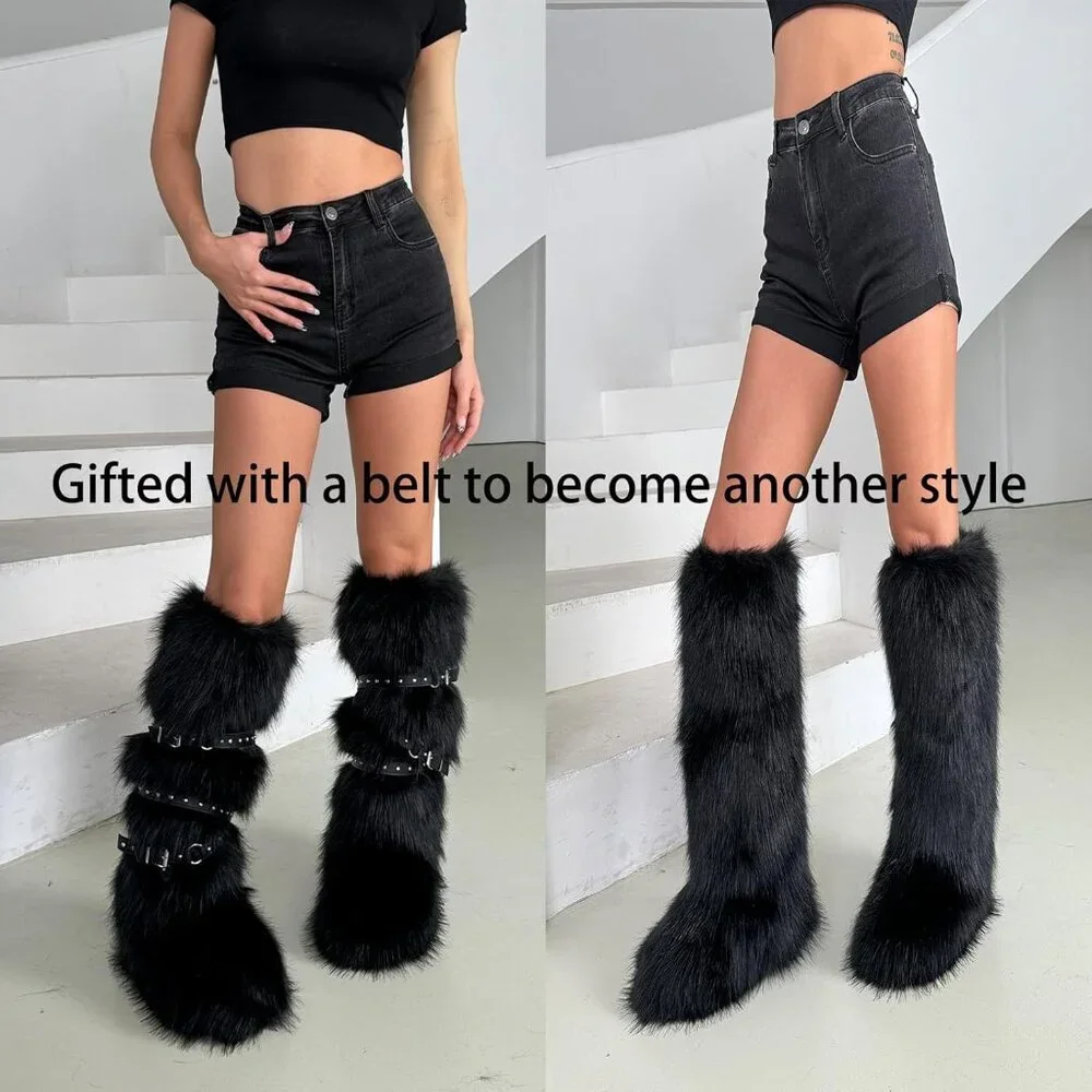 ⚡Women Black Faux Fur Fluffy Cosy Round Toe Knee High Warm Outdoor Fur Boot